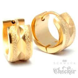 Edelstahl Damen Ohrringe Klapp-Creolen gold diamantiert funkelnd glizernd 13mm Ø