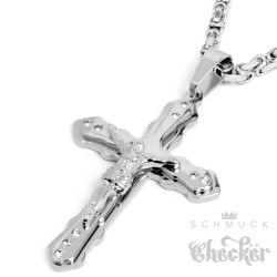 Großer Edelstahl Damen Herren Kreuz Anhänger mit Jesus silber + Königskette