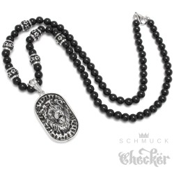 Herren Halskette Onyx Perlen Bead Kette schwarz Kreuz Lilie Edelstahl Mensbead Biker