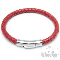 Rotes Armband aus echtem Leder mit Edelstahl Verschluss geflochten 6mmØ