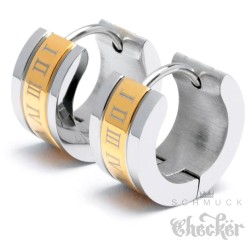 Herren Ohrringe silber & gold mit römischen Zahlen Edelstahl Klapp-Creolen 13mm Ø