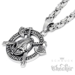 Berserker Anhänger Wikingerhelm Streitäxte Runen-Kranz Edelstahl Kette Königskette