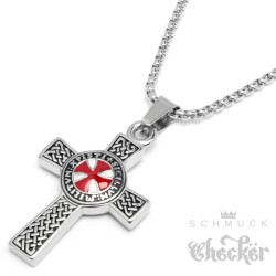 Detailliertes Templer Kreuz Anhänger & Kette Kreuzritter Wappen silber rot Edelstahl