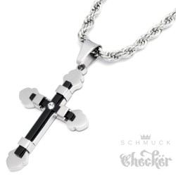 Kreuz Anhänger silber & blau mit Zirkon + 60cm Königskette Herren Edelstahl Halskette