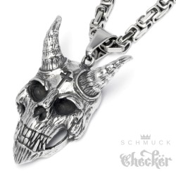 Teufel Anhänger mit Königskette aus Edelstahl Horror Totenkopf Dämon Bikerschmuck