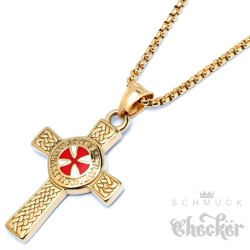 Vergoldetes Templer Kreuz aus Edelstahl Kreuzritter Anhänger & Kette Wappen gold rot