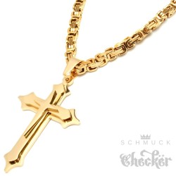 Herren Edelstahl Halskette Kreuz Anhänger gold vergoldet + 60cm Königskette