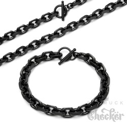Schwarzes Armband + Halskette Set aus Edelstahl massive Ankerkette Knebelverschluss