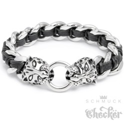 Edelstahl Armband Panther Panzerkette silber echt Leder schwarz Biker Harley