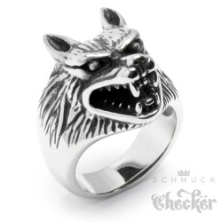 Massiver Edelstahl Biker Ring silber hochwertig Wolf Wolfskopf Indianer