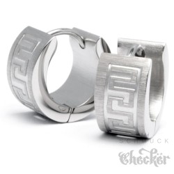 Edelstahl Herren Ohrringe Klapp-Creolen Silber Gebürstet Mäander Gravur 13mm Ø